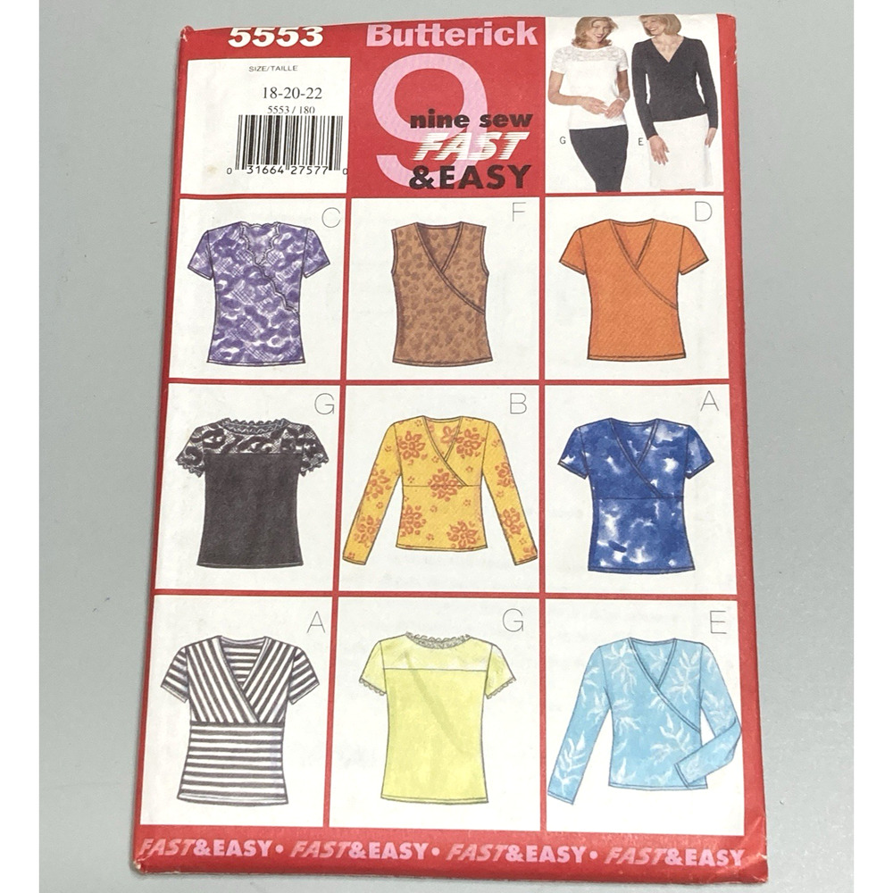 Y2K Butterick B5553 Nine FAST&EASY Misses Pullover Knit Tops Sz 18-20-22 UNCUT